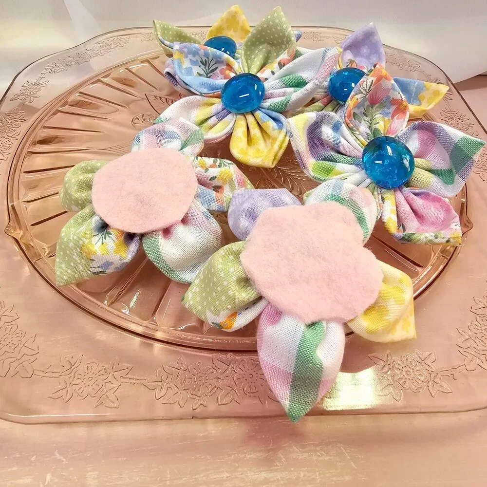6pc Joyful Garden Fabric Flower Set, Bright & Colorful Pastels, Blue Centers